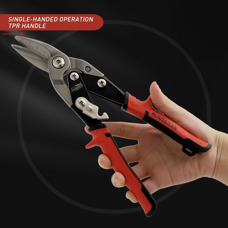 HOUSERAN 10 Inch Tin Snips, Right Cut Offset Aviation Snips, Heavy Duty CR-MO Metal Cutter with Double Lever, Scale Markings & Safety Lock, Tinner Shears Scissors for Cutting Metal Sheet - Image 3